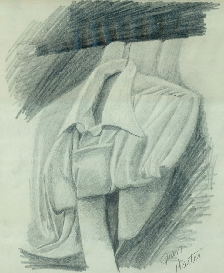 A pencil sketch of a collared shirt with a necktie