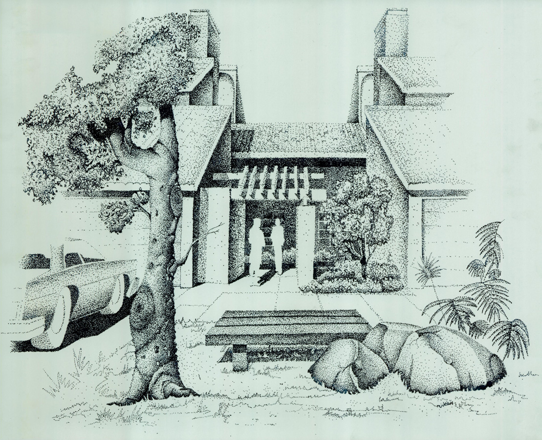 A drawing of a house with two human figures, a tree, and a car